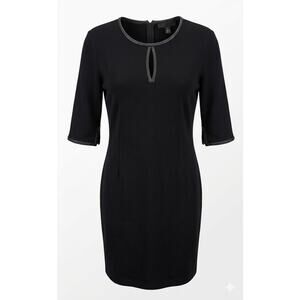 ST.JOHN Milano Knit Leather Trim Wool Blend Black Sheath Dress Women 12 Designer